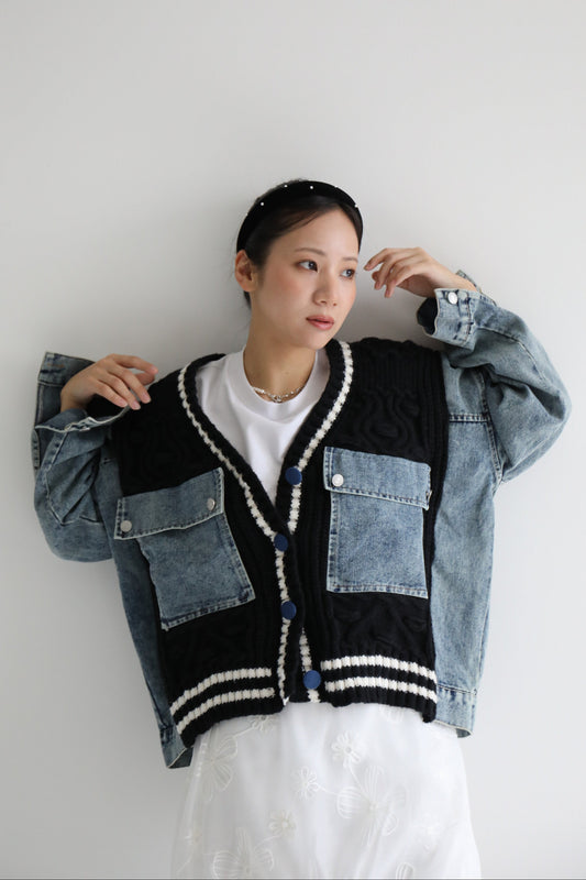 デニムスリーブニットカーディガン