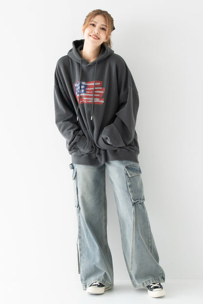 【くぅちゃんコラボアイテム】ウォッシュブラックユニセックスフーディー　