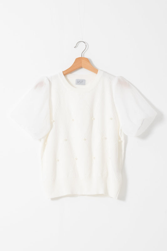 【68%OFF】袖シフォンパールトップス